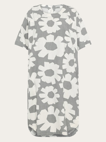 KnowledgeCotton Apparel - WMN Linen blend print t-shirt dress Dresses 9931 Grey