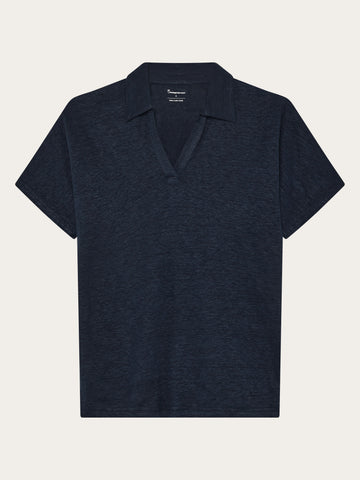 KnowledgeCotton Apparel - WMN Linen split neck polo T-shirts 1001 Total Eclipse