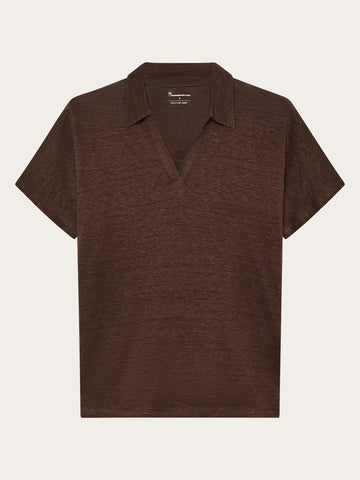 KnowledgeCotton Apparel - WMN Linen split neck polo T-shirts 1489 Shaved Chocolate