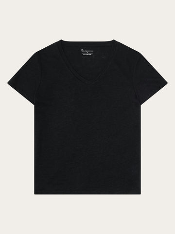 KnowledgeCotton Apparel - WMN Linen v-neck t-shirt T-shirts 1300 Black Jet