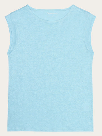 KnowledgeCotton Apparel - WMN Loose fold up linen t-shirt T-shirts 1480 Aqua Esque