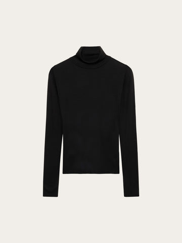 KnowledgeCotton Apparel - WMN Merino rib long sleeve roll-neck Long Sleeves 1300 Black Jet