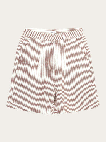 KnowledgeCotton Apparel - WMN POSEY wide high-rise striped linen shorts - GOTS/Vegan Shorts 8026 Brown stripe