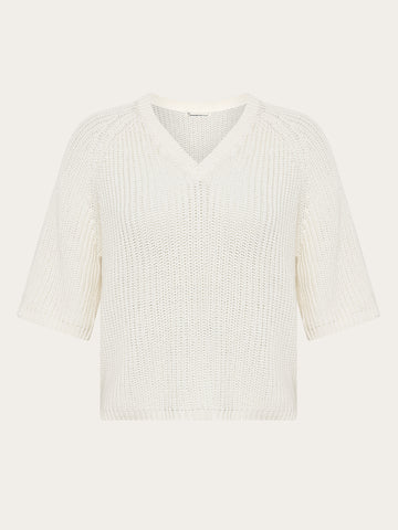 KnowledgeCotton Apparel - WMN V-neck short sleeve knit Knits 1387 Egret